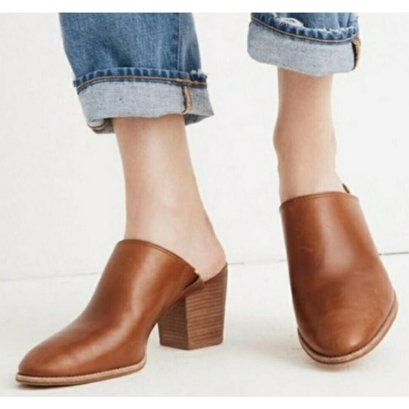 Madewell Harper Leather Block Heel English Saddle Brown Mule Size 5 - Picture 2 of 13